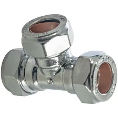 Chrome plated brass compression equal tee to BS EN 1254-2, WRAS approved and up to 25 bar pressure rated.