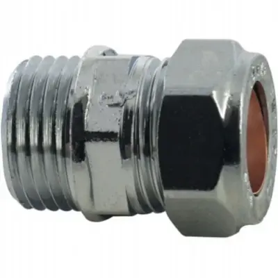 Chrome plated brass compression x BSP male straight adapter to BS EN 1254-2, WRAS approved and up to 25 bar pressure rated.