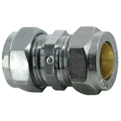 Chrome plated brass compression straight coupling to BS EN 1254-2, WRAS approved and up to 25 bar pressure rated.