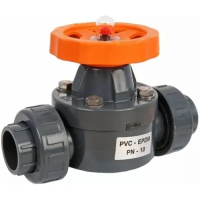 DVD13 UPVC Plastic double union diaphragm valve with plain solvent weld ends. EPDM Seals, PN10 Rated.