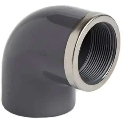 EL57 Metric reinforced UPVC 90 degree elbow with plain solvent weld x female BSPP threaded ends. Stainless steel reinforcing ring, PN10 rated.