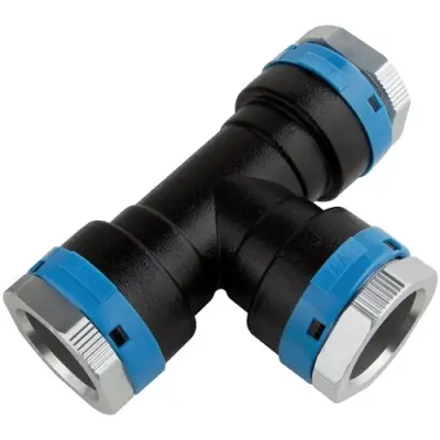 EQOair aluminium push fit equal tee for compressed air. NBR seal, SS304 clamp rings and PN16 rated.