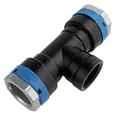 EQOair aluminium push fit x BSP female threaded tee for compressed air. NBR seal, SS304 clamp rings and PN16 rated.