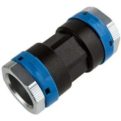 EQOair aluminium push fit straight coupling for compressed air. NBR seal, SS304 clamp rings and PN16 rated.