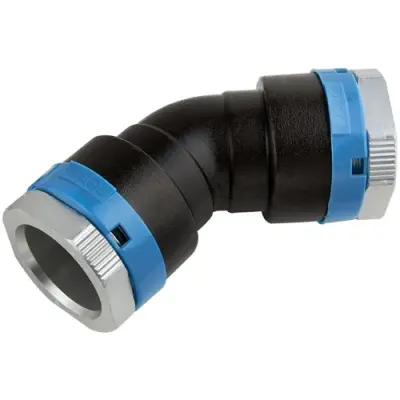 EQOair aluminium push fit 45 degree elbow for compressed air. NBR seal, SS304 clamp rings and PN16 rated.