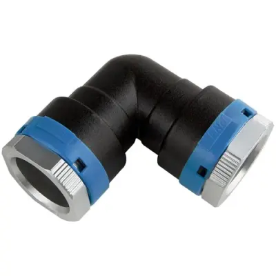EQOair aluminium push fit 90 degree elbow for compressed air. NBR seal, SS304 clamp rings and PN16 rated.