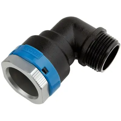 EQOair aluminium push fit x BSP male threaded 90 degree elbow for compressed air. NBR seal, SS304 clamp rings and PN16 rated.