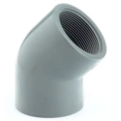 EY54 ABS Plastic 45 degree elbow with female BSP threaded ends. Imperial fitting, conforms to BS 5392-1. PN10 Pressure rated.