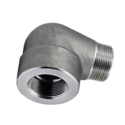 Galvanised forged carbon steel 90 degree street elbow, BSPT or NPT male to female threads. 3000lb rated, conforms to ASME B16.11 and BS 3799
