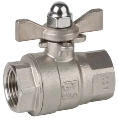 Genebre Art2009 Stainless steel full bore ball valve with butterfly handle. BSPT threaded, PN63 rated.