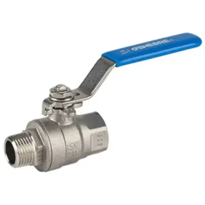 Genebre Art2013 Stainless steel full bore ball valve with male x female BSP threaded ends. PN63 rated, PTFE seats and locking lever.