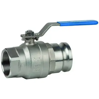 Genebre Art2016 Stainless steel full bore ball valve, BSP female x male camlock ends. PTFE ball seats, PN10 pressure rated.