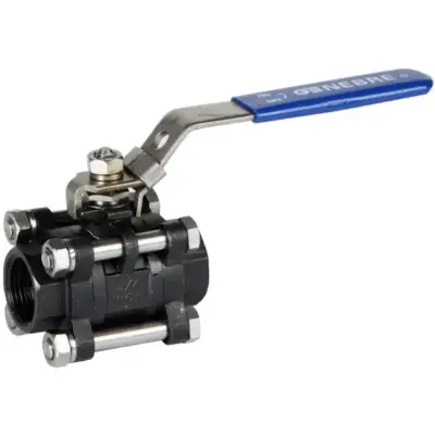 Genebre Art2034 Carbon steel 3-piece full bore ball valve with female BSP threaded ends. PN69 rated with PTFE ball seats. Lever operated.