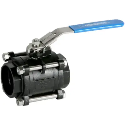 Genebre Art2034S Carbon steel 3-piece full bore ball valve with ANSI B16.11 socket weld ends. PN69 rated, PTFE Ball seats. Locking lever.