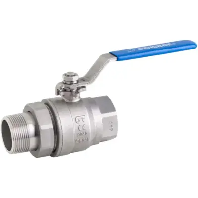 Genebre Art2048 Stainless steel full bore ball valve with male x female BSP threads. 2-pieces male connector. PN63 rated, manual locking lever.