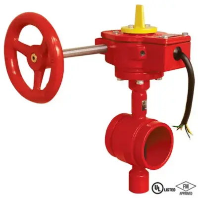 Genebre Art2114 Ductile iron butterfly valve with grooved ends. Gearbox operated, conforms to API 609. PN20 rated with EPDM sealing.