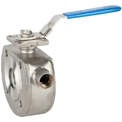 Genebre Art2119 Stainless steel wafer type ball valve with heating jacket for BS EN 1092-1 PN16 flanges. R-PTFE seats, manual locking lever operation.
