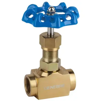 Genebre Art2221 Golden zinc plated carbon steel ASTM A105 needle valve with female BSP threaded ends. 3000PSI rated, handwheel operated.