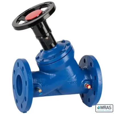 Genebre Art2228 Ductile iron variable orifice double regulating valve with PN16 flanged ends. Handwheel operated, WRAS approved.