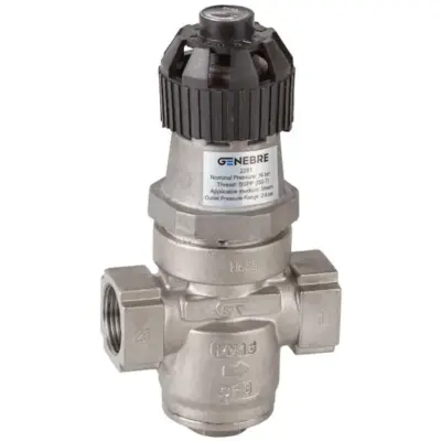 Genebre Art2281 Stainless steel direct acting pressure reducing valve with female BSP threads. PN16 rated, 2 - 8 bar adjustment range.