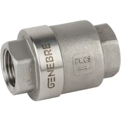 Genebre Art2413 Stainless steel spring type check valve with female BSPP threads. PTFE seat and body gasket, PN63 rated.