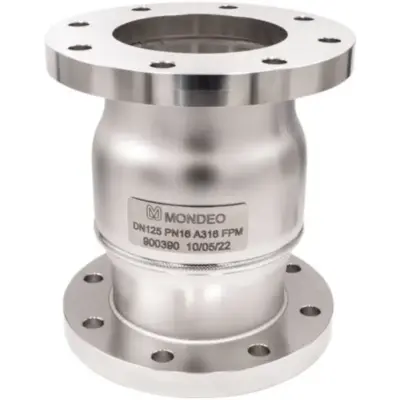 Genebre Art2449 Stainless steel 316 welded spring check valve with PN16 flanged ends. FKM disc seat, SS316 spring.
