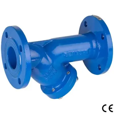 Genebre Art2458G Ductile iron Y-strainer with PN16 flanged ends. Stainless steel 304 filter mesh, PTFE + graphite body gasket. CE Marked