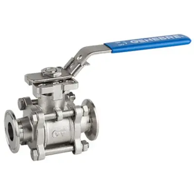 Genebre Art2933 Hygienic stainless steel 316 3-piece full bore ball valve with clamp ends to BS 4825-3. PN25 Rated, locking lever, PTFE seats.