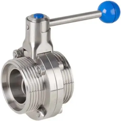 Genebre Art2941E Hygienic stainless steel 304 butterfly valve with male threaded ends to DIN 11851. EPDM Seal, PN10 rated, manual lever operated.