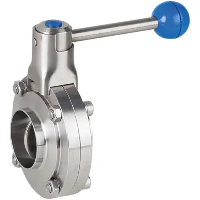 Genebre Art2943E Hygienic stainless steel butterfly valve with DIN 11851 welding ends. Lever operated, PN10 pressure rated, EPDM seat.
