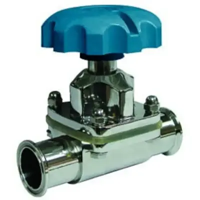 Genebre Art2945 Hygienic stainless steel 316 diaphragm valve with clamp ends to BS 4825-2. Silicone diaphragm, SS304 stem. PN10 rated.