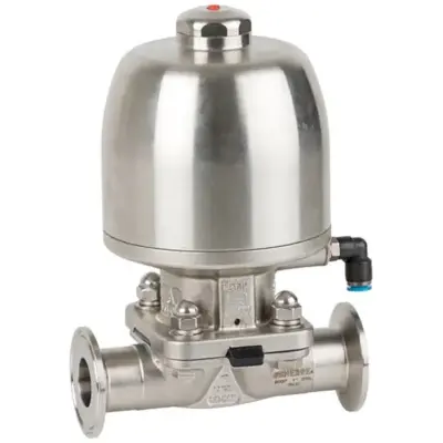 Genebre Art2946E Hygienic stainless steel diaphragm valve with silicone diaphragm and spring return pneumatic actuator. PN6 rated.