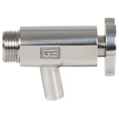 1/2" Genebre Art2947 Hygienic stainless steel 304 sampling valve, BSPP male threaded inlet x smooth pipe outlet. PN10 rated, PTFE valve seat.
