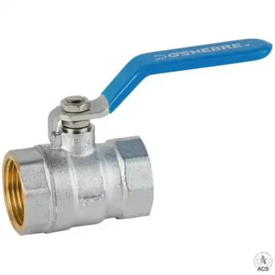 Genebre Art3028 Light brass ball valve with PN25 rating, female BSPP threaded ends, standard bore, PTFE seats and ACS approval.