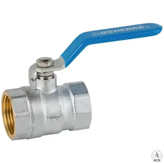 Genebre Art3028 Light brass ball valve with PN25 rating, female BSPP threaded ends, standard bore, PTFE seats and ACS approval.