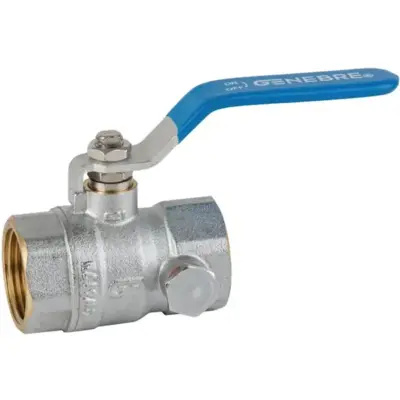 Genebre Art3032 Full bore side inlet brass ball valve with PN25 rating, female BSPP threads and PTFE seats. Dual BSP side inlets, includes 1 plug.