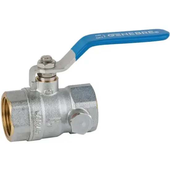 Genebre Art3032 Full bore side inlet brass ball valve with PN25 rating, female BSPP threads and PTFE seats. Dual BSP side inlets, includes 1 plug.