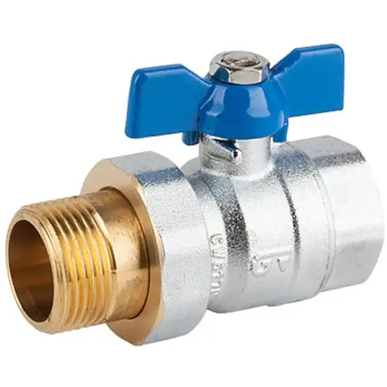 Genebre Art3046 Full bore brass union ball valve with male x female BSP threaded ends. PN25 rated, PTFE seals, butterfly handle.