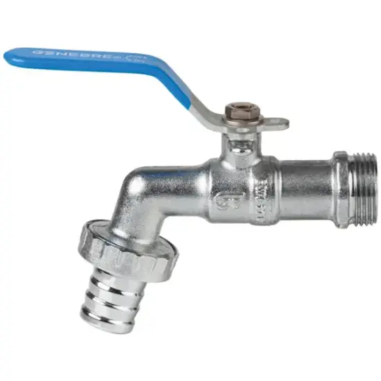 3/4" Genebre Art3059 Full bore brass bibcock ball valve with male BSP threaded inlet x hose connection outlet. PN16 rated, PTFE seats.