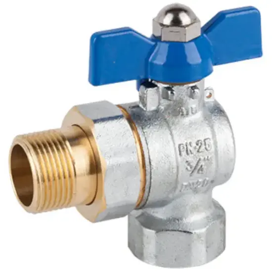 Genebre Art3075 Full bore 90 degree angled brass union ball valve with male x female BSP threads. PN25 rated with PTFE seats. Butterfly handle operated.