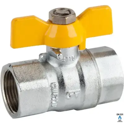 Genebre Art3505 Full bore brass ball valve for gas with butterfly handle, PN5 rating, female BSP threads and PTFE ball seats. BS EN 331 approved.