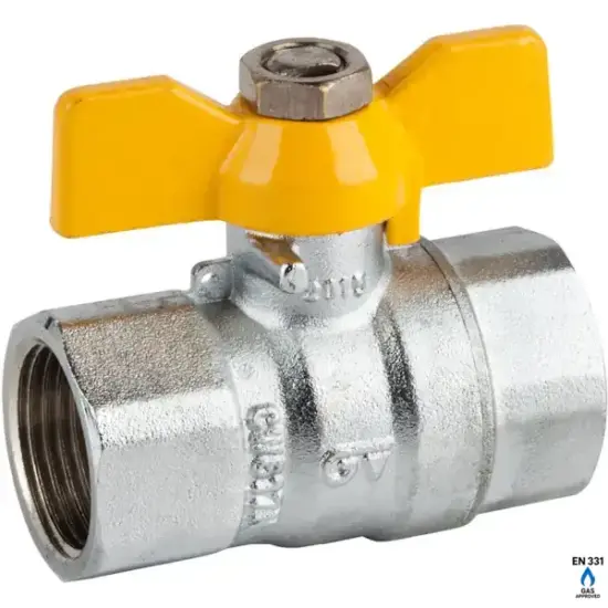 Genebre Art3505 Full bore brass ball valve for gas with butterfly handle, PN5 rating, female BSP threads and PTFE ball seats. BS EN 331 approved.
