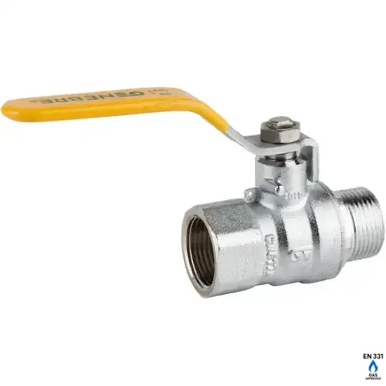 Genebre Art3510 Full bore brass ball valve for gas with male x female BSP threads, PN5 pressure rating and PTFE ball seats. BS EN 331 approved.