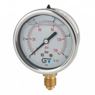 Genebre Art3822 63mm Stainless Steel Glycerine Filled Pressure Gauge, Brass Bottom Entry