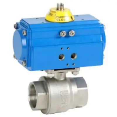 Genebre Art5015 BSP Threaded stainless steel 2-piece ball valve with GNP pneumatic actuator.