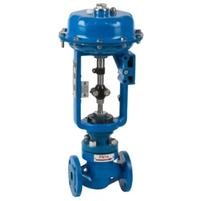Genebre Art5065A ANSI-150 Flanged carbon steel 2-way modulating control valve with pneumatic actuator.