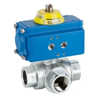 Genebre Art5070-5080 BSP Threaded brass 3-way ball valve with GNP pneumatic actuator.