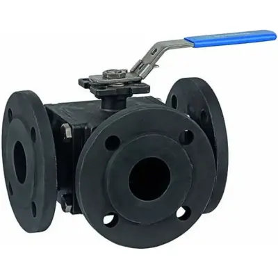 Genebre Art2544 - 2545 Carbon steel 3-way full bore ball valve with PN16/PN40 flanged ends. Stainless steel internals, PTFE + GF ball seats. Available T-port and L-port.