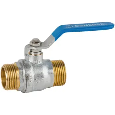 Genebre Art3033 Full bore brass ball valve with male BSPP threaded ends. PN25 rated with PTFE ball seats. Manual lever operated.