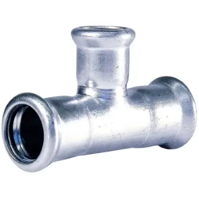 M-Press carbon steel industry M-profile press fit branch reducing tee, FKM seals, PN16 rated.